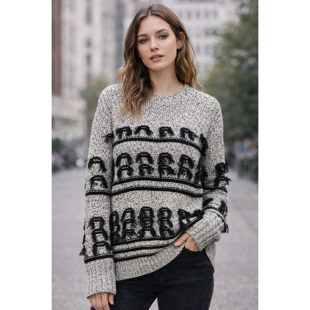 Current/Elliott Wool Cashmere Fringe Tassel Knit Sweater Grey Black Size 2 (M/L)